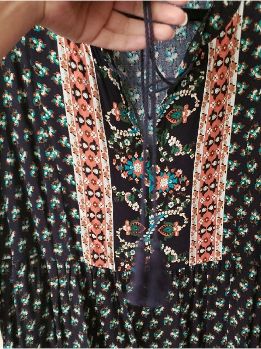 BloomChic Navy Floral Boho Mini Dress with Teal & Coral Accents - Picture 7 of 10